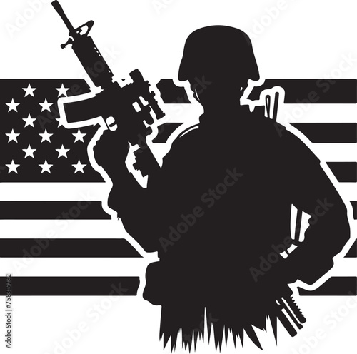 Silhouettes of American soldiers with guns and backpacks