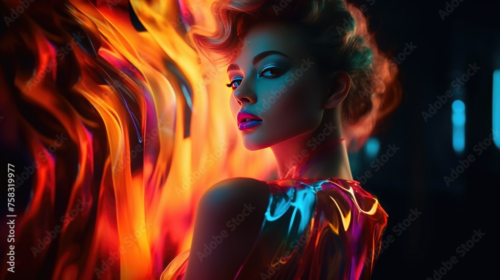 Fototapeta premium Glamorous girl in neon positioned on the right