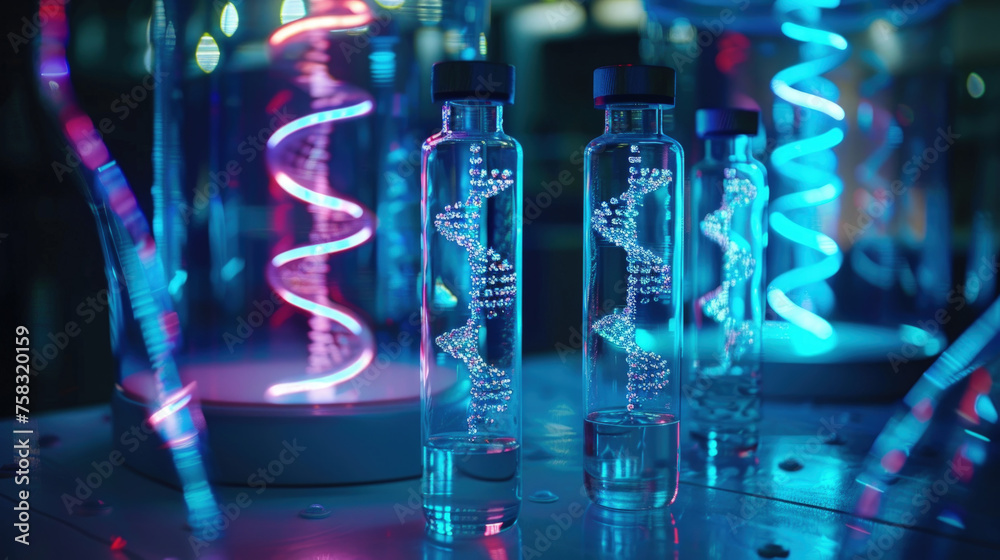 Three glass bottles containing luminescent DNA helix models on a darkened lab bench with vibrant neon light reflections Three glass bottles containing luminescent DNA helix models on a darkened lab bench with vibrant neon light reflections
