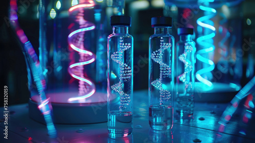 Three glass bottles containing luminescent DNA helix models on a darkened lab bench with vibrant neon light reflections