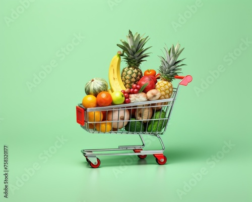 Ultra-realistic shopping cart brimming with fresh food and fruit