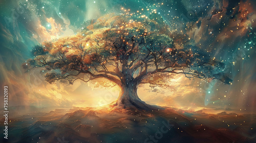 A detailed painting of a tree with its branches reaching toward a sky filled with brightly shining stars
