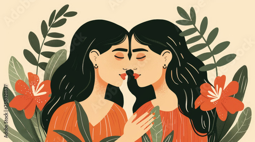 Illustration of a tender moment between two women surrounded by lush green plants and vibrant red blooms