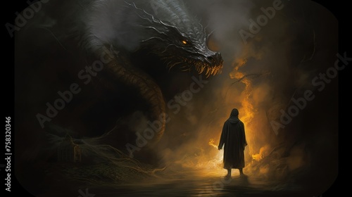 A serene yet ominous scene where a dark figure in a hoodie confronts a majestic smoke-formed Chinese dragon with golden eyes