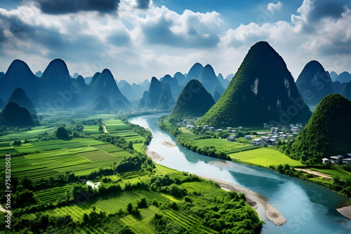 Golden Hour at the Tranquil Mountainous Landscape Featuring Pristine River and Vintage Village in Rural China photo