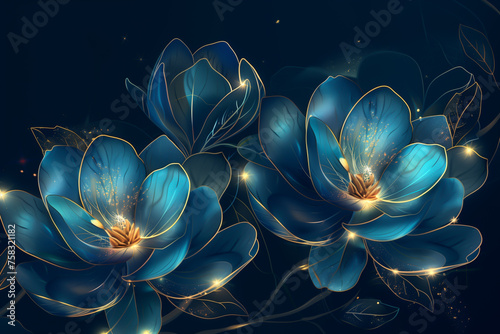 Digital art creation of a Glowing blue magnolia flowers with striking golden accents photo