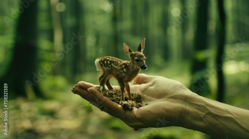 a small deer standing on top of a dirt pile in a forest next to a person holding it in their hand. photo