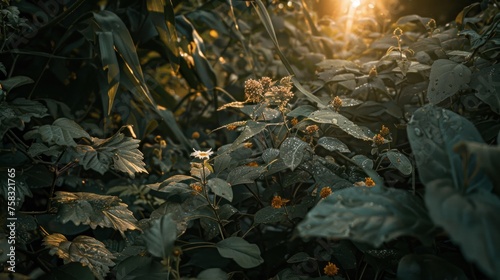 the sun shines brightly through the leaves of a bushy, green, leafy, and leafy plant. photo