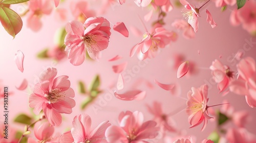 A stunning image showcasing fresh quince blossoms, with beautiful pink flowers falling gracefully in the air against a pink background