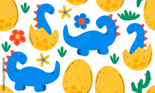 Seamless pattern with Dino vector illustration. Cute Dinosaur  Dragon and egg