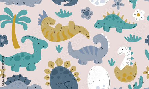 Seamless pattern with Dino vector illustration. Cute Dinosaur, Dragon and egg