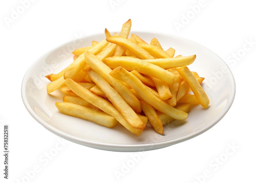 French fries potatoes on a plate isolated on a transparent background.