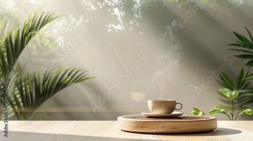 A 3D realistic rendering of a glass of matcha latte with a bamboo whisk  a bowl of green powder  and tea leaves