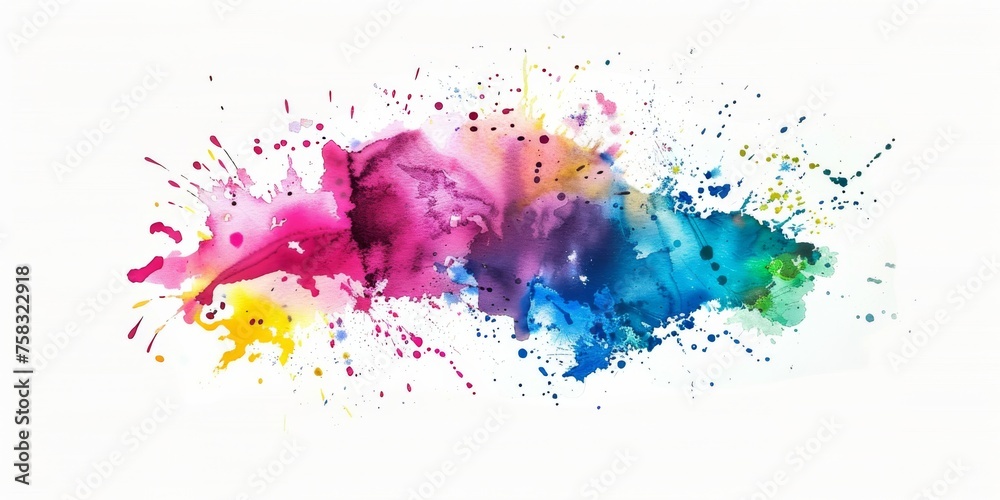 A bright and energetic watercolor explosion with splatters, blending pink, purple, blue, and green hues on a pristine white background.