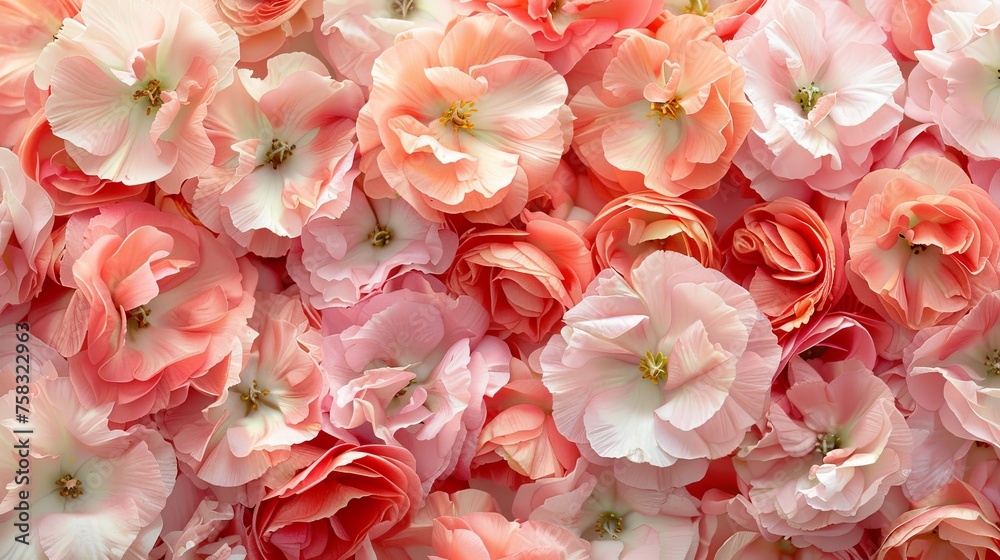 A bouquet of red and pink flowers in close-up. The flowers are arranged in such a way that a sense of depth is created. Realistic flowers on the full screen. Illustration for cover, card, postcard. A bouquet of red and pink flowers in close-up. The flowers are arranged in such a way that a sense of depth is created. Realistic flowers on the full screen. Illustration for cover, card, postcard.
