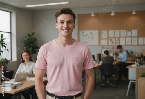 A casual man in a pink t-shirt smiles in an office, his approachable look encourages a friendly work atmosphere.