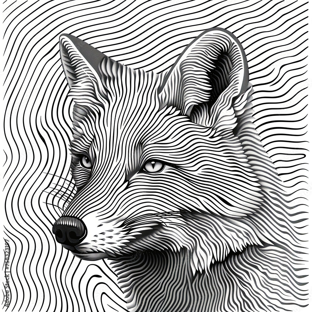Fototapeta premium A close-up of the fox's face. Animalism. Imitation sketch print in black and white coloring. Illustration for cover, card, postcard, interior design, decor or print.