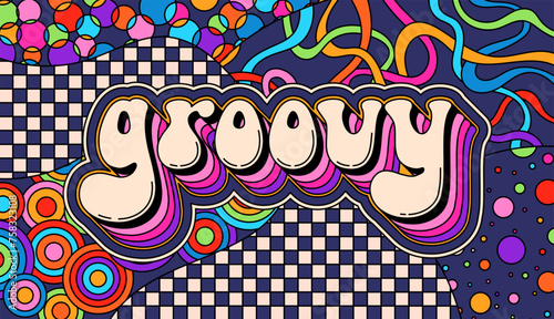 Psychedelic groovy text with color background. Zentangle coloring page for adult.