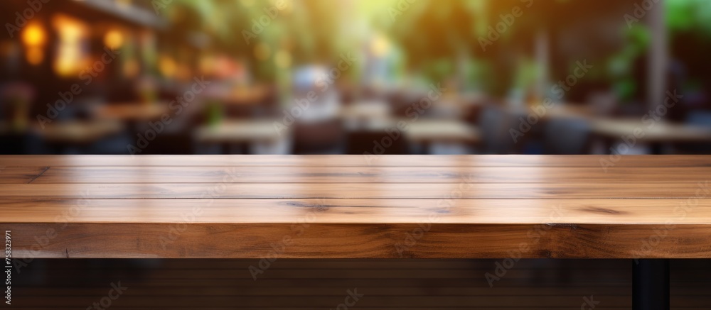Empty wooden table for product display with blurred restaurant or coffee shop background Empty wooden table for product display with blurred restaurant or coffee shop background