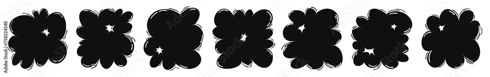 Fototapeta premium Black modern bubble abstract shapes y2k set. Balloon graffiti elements collection, funny doodle hand drawn organic frames, blobs. Cartoon vector illustration isolated on transparent background