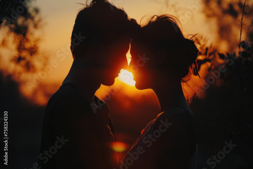 Romantic couple kissing with sun setting behind them, ideal for love and relationship concepts © Fotograf