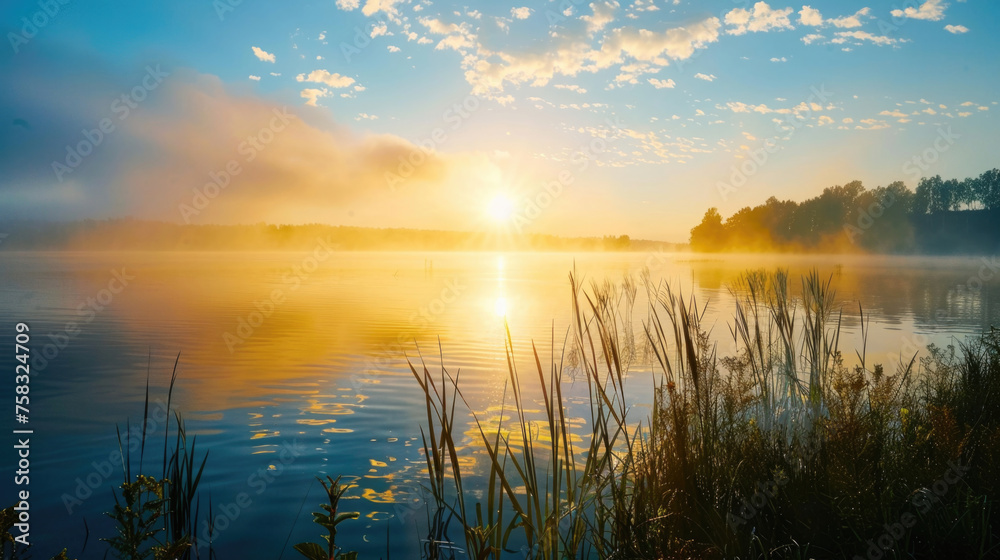 Beautiful sunset scene over a serene lake with reeds. Ideal for nature and landscape concepts