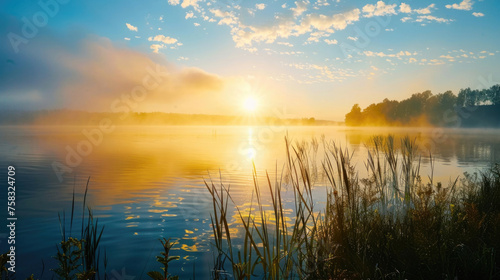 Beautiful sunset scene over a serene lake with reeds. Ideal for nature and landscape concepts