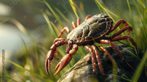 A crab perched on a rock in the grass. Suitable for nature and wildlife concepts