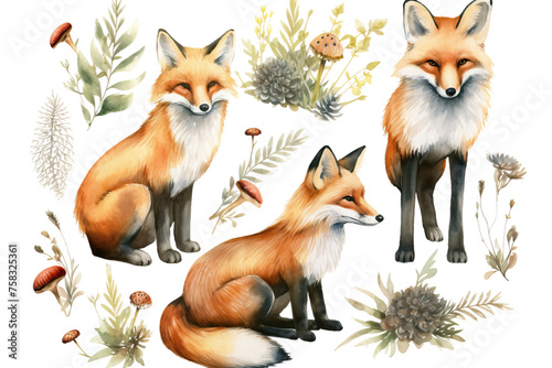 forest set background fox forest set illustration elements collection herb white animal cute elements foxes natural stand red wild fox animal floral sit watercolor