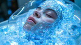 Close-up of a woman in sci-fi cryogenic preservation, wearing a futuristic helmet