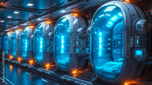 Advanced cryogenic storage system with illuminated chambers in a tech facility. Cryogenic Chambers for freezing bodies photo