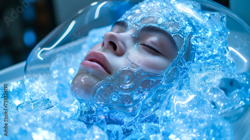 Close-up of a woman in sci-fi cryogenic preservation, wearing a futuristic helmet photo
