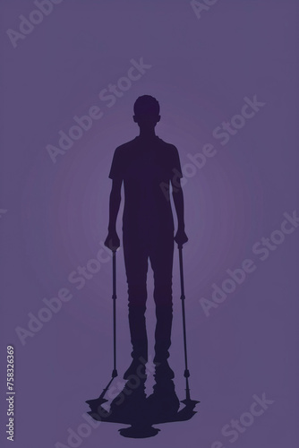 Front view silhouette of a person standing with crutches. Flat purple background. Disability and inclusion concept