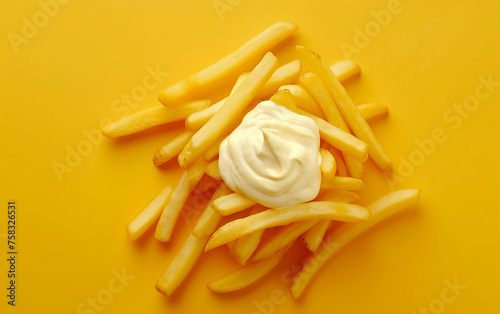Tempting treat: golden, crispy fries served with a dollop of creamy mayonnaise, captured from a tantalizing top-down perspective