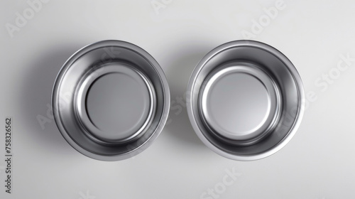 Two metal bowls placed on a table. Suitable for kitchen or cooking concepts