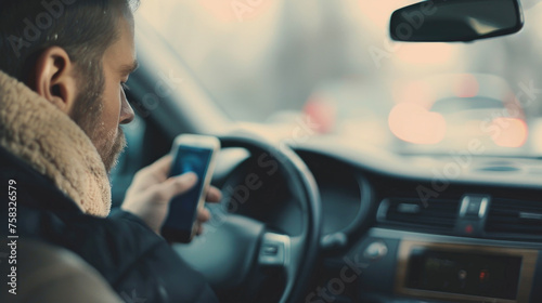 A man sitting in a car using a cell phone. Suitable for technology and transportation concepts