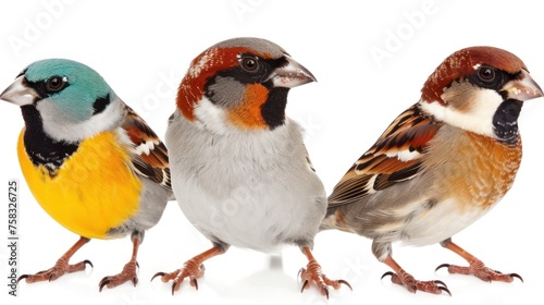 a group of three birds standing next to each other on a white surface and one bird has its mouth open and the other bird has it's beak open.