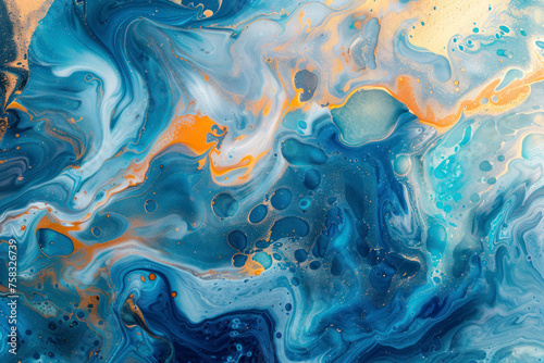 Luxury Abstract Ocean Fluid Art Resin art painting background blue gold orange ink.