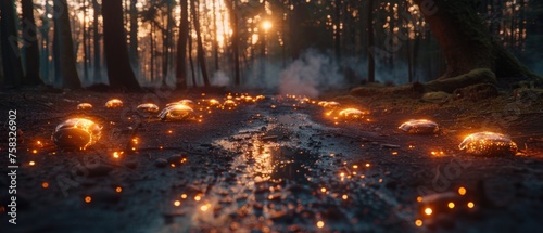 a path in the middle of a forest with glowing lights on the ground and a lot of trees in the background.