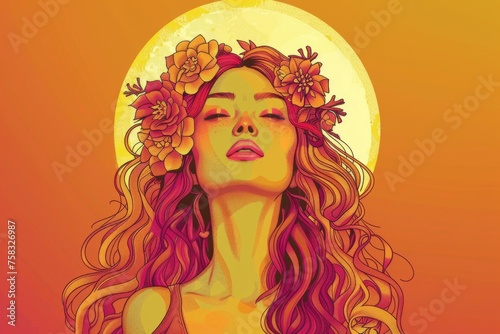 Venus Goddess of Love depicted in a vibrant cartoon illustration with beauty, floral elements, and mythology influences