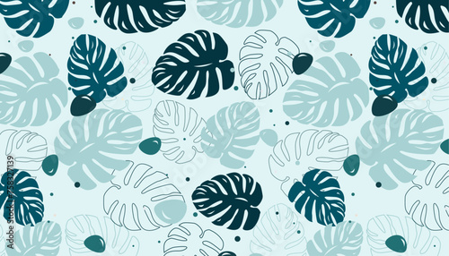 Seamless Pattern with Leaves  Hand Drawn  Blue  Plant  Monstera  Flat Design  Foliage  Vector Illustration