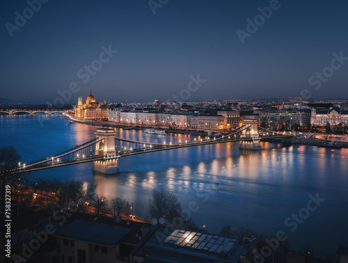Chain Bridge and the Parliament in Budapest in blue hour