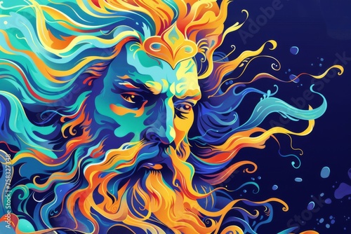 Poseidon god of the ocean depicted in a myth-inspired Greek deity fantasy illustration with epic vibrant colors