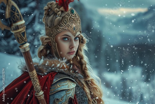 Frigg Queen of Asgard depicted in a realistic style amidst a snowy Norse fantasy setting