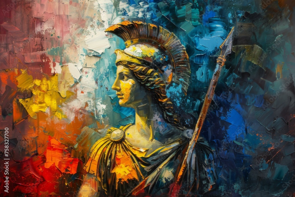 Athena the goddess of strategy depicted in a vibrant oil painting with Greek warrior elements