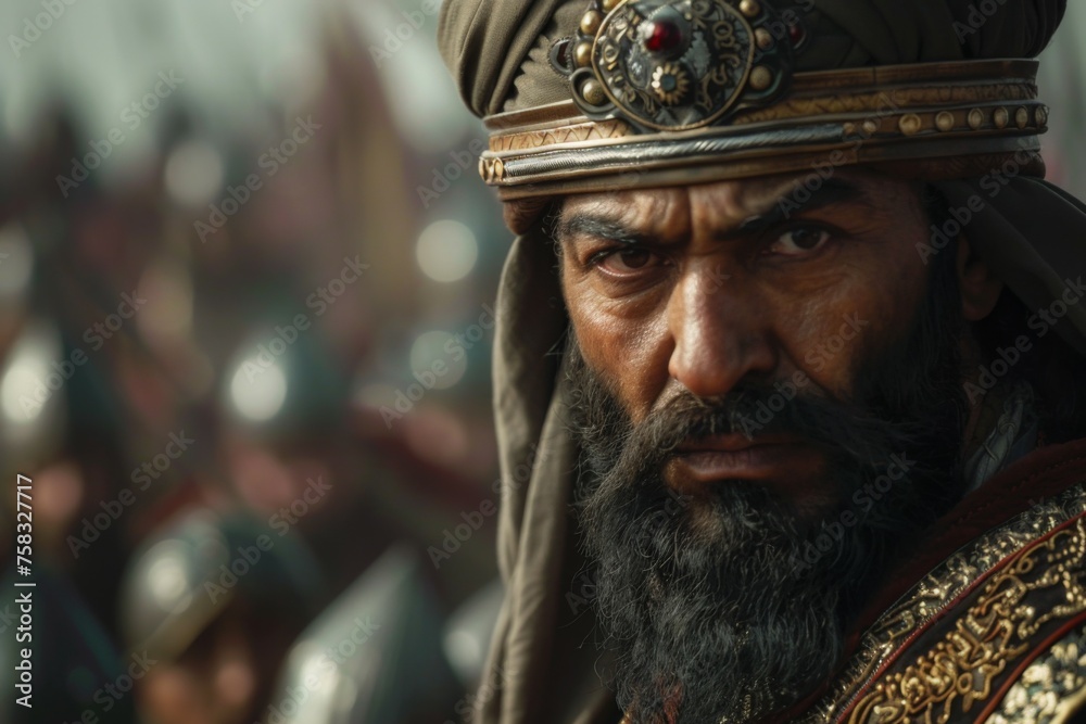 Saladin Kurdish Sultan in realistic historical leader attire with an intense medieval Middle-Eastern warrior look