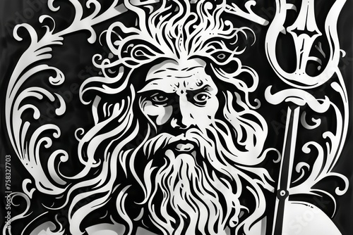 Illustration of Poseidon, the Greek god of the ocean, wielding a trident with a beard flowing like waves in black and white art