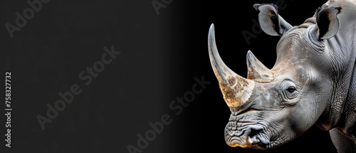 a close up of a rhino's face on a black background with a black background and a white rhino's head.