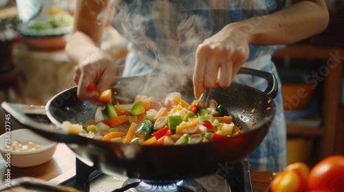 Person cooking vegetables in a wok, ideal for culinary concepts