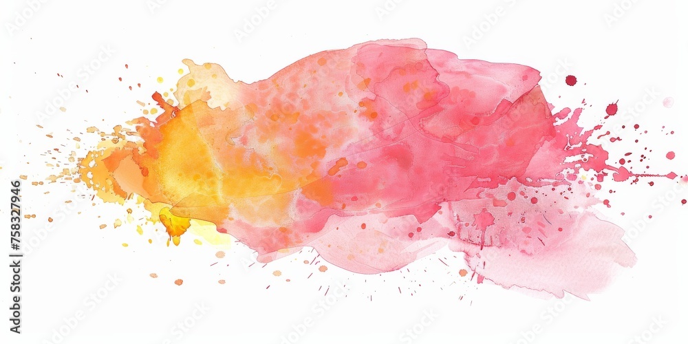 A summer sunrise in watercolor, with warm pink and golden hues blooming across the paper, speckled with vibrant splashes.